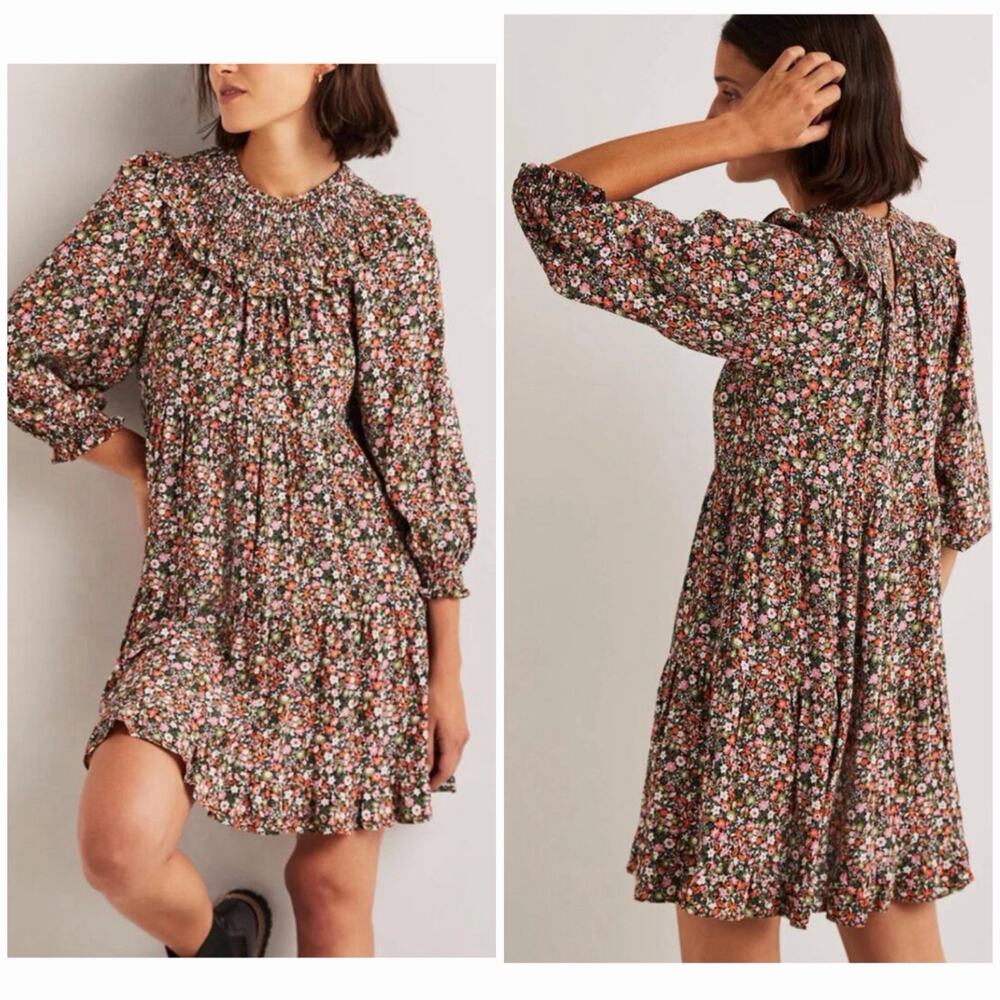 Boden Floral Mini Dress US/6L Cottagecore Smocked Ruffle Long Sleeve NWT